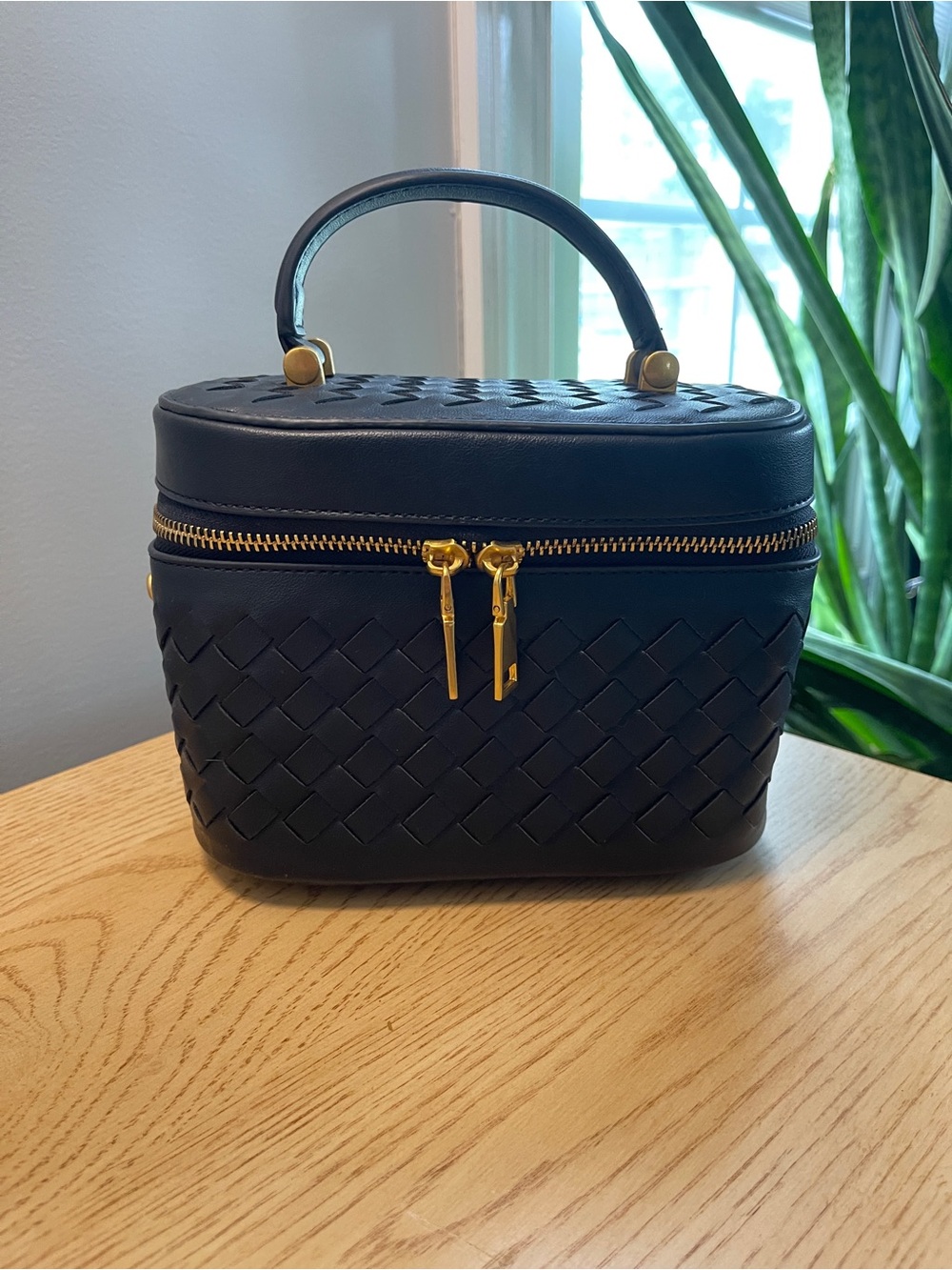Black Woven Mini Train Case Handbag with Removable Crossbody Strap